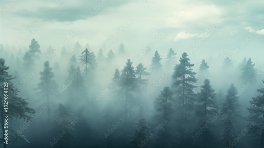 A mountain evergreen forest shrouded in mist gives it a sense of mystery and tranquility. A mountain evergreen forest shrouded in mist gives it a sense of mystery and tranquility.