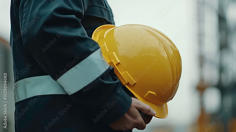 A construction worker holds a yellow hard hat in their hand, with a blurry background of a construction site. A construction worker holds a yellow hard hat in their hand, with a blurry background of a construction site.