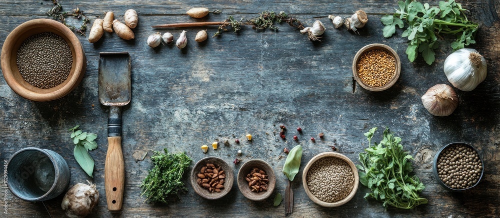 Various spices and herbs scattered on a rustic wooden background with copy space in the middle. Various spices and herbs scattered on a rustic wooden background with copy space in the middle.