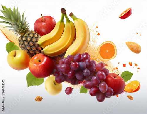 Flying tropical fruits and berries isolated on white background. Healthy vegetarian nutrition. Falling exotic summer salad ingredients