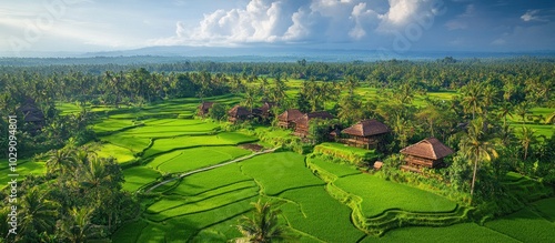 Aerial view of green rice paddies and traditional houses in a tropical setting.