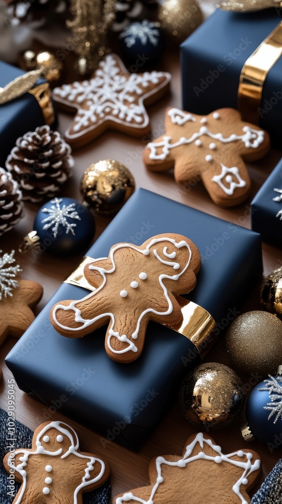 Elegant Christmas Gift Boxes with Gingerbread and Pine Cones: Warm Festive Scene for Holiday Inspiration and Decoration Ideas Elegant Christmas Gift Boxes with Gingerbread and Pine Cones: Warm Festive Scene for Holiday Inspiration and Decoration Ideas