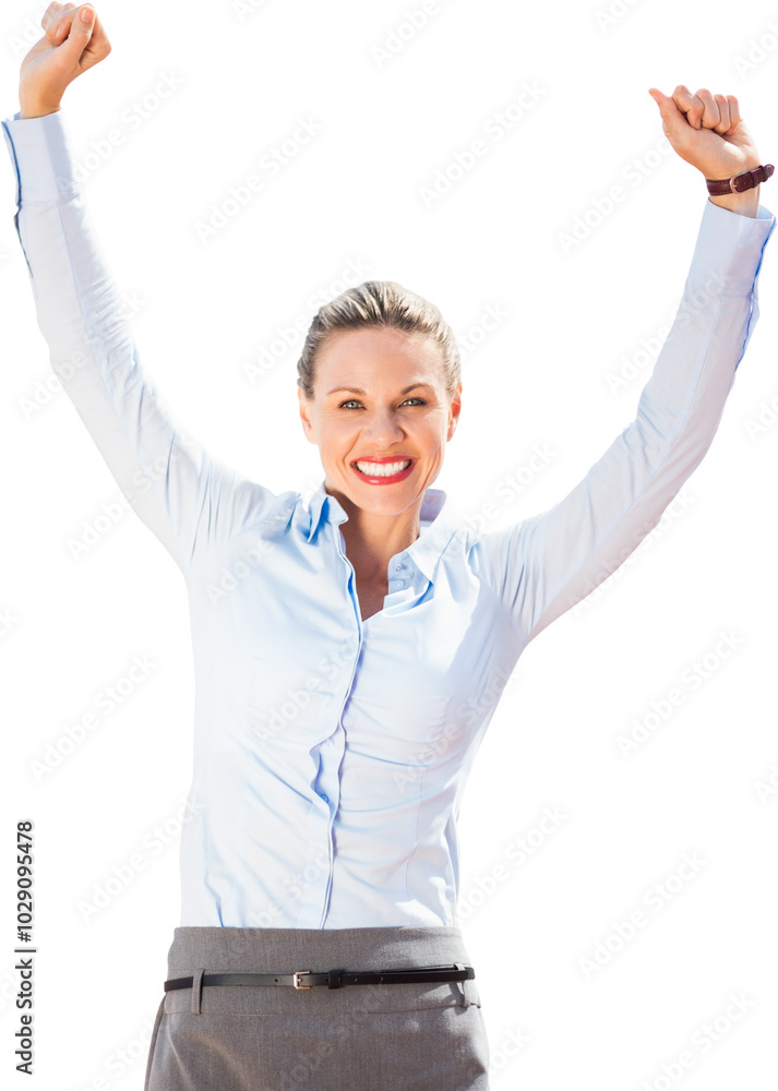 Digital png photo of happy caucasian businesswoman raising hands on transparent background Digital png photo of happy caucasian businesswoman raising hands on transparent background