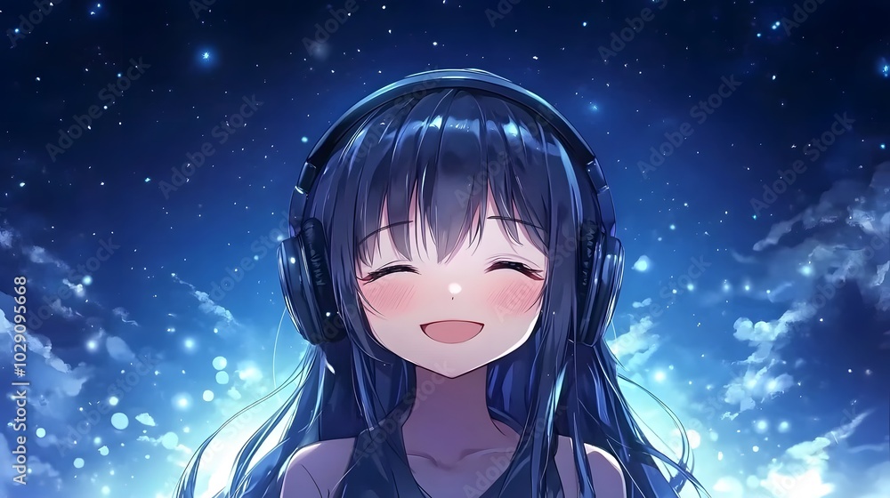 Happy Anime Girl with Headphones and Starry Night Happy Anime Girl with Headphones and Starry Night