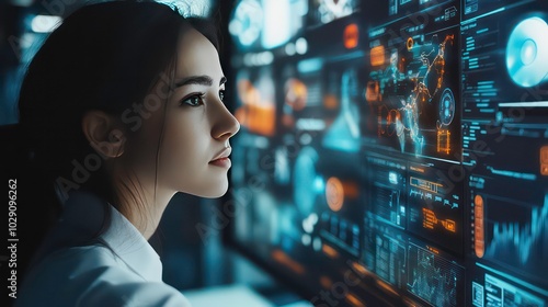 A woman focused on a large screen with data and charts.