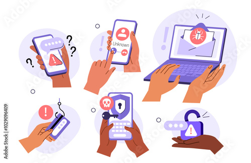 Cyber crime set. Characters loss personal data access, answering a scam call, get fraud mail with virus. Phishing, data breach, information leakage concept. Vector illustration.
