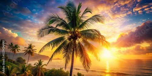 Palm Tree Sunset with Sun Flare and Bokeh Effect for Vintage Landscape Photography