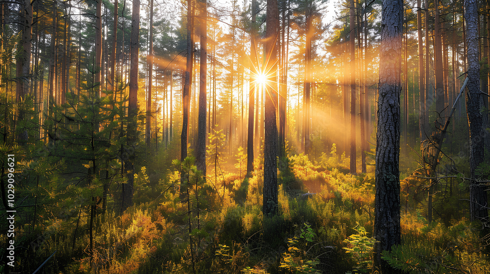 Beautiful forest landscape with sun rays through trees in the pine and spruce woodlands at sunrise or sunset. Beautiful forest landscape with sun rays through trees in the pine and spruce woodlands at sunrise or sunset.