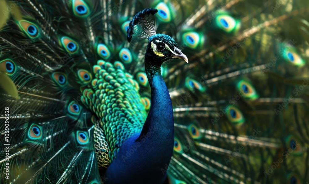 Obraz premium Majestic peacock displaying its feathers, 4K hyperrealistic photo