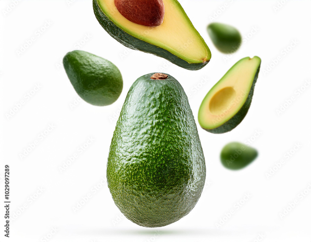 Flat lay composition with ripe avocados and leaves on white background, space for text