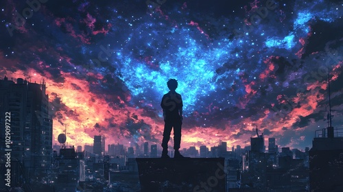 Silhouette of Man Looking at Night Sky Over Cityscape