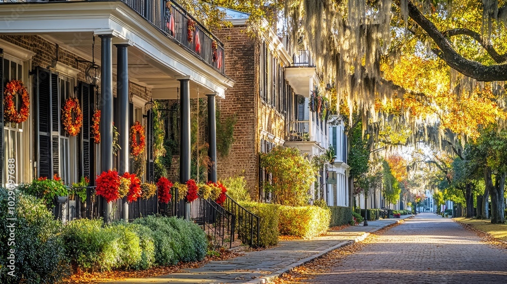 Autumnal Street with Brick Road, Cobblestone Path and Lush Greenery Autumnal Street with Brick Road, Cobblestone Path and Lush Greenery