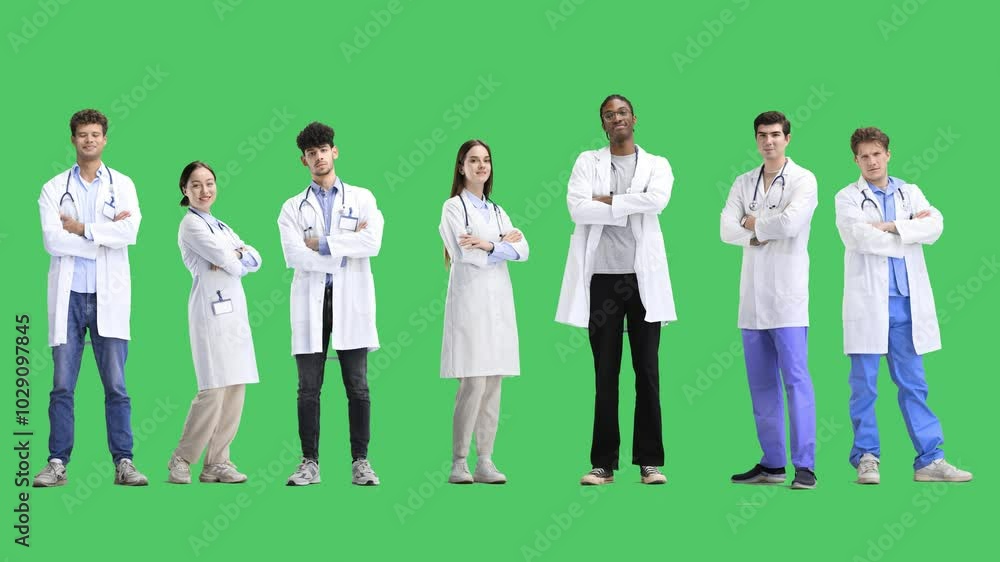 A group of doctors, on a green background, in full height, crossed their arms A group of doctors, on a green background, in full height, crossed their arms