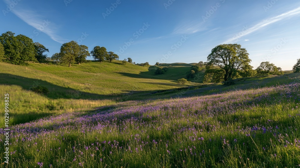 Obraz premium A rolling green meadow with purple wildflowers in bloom under a blue sky with white clouds.