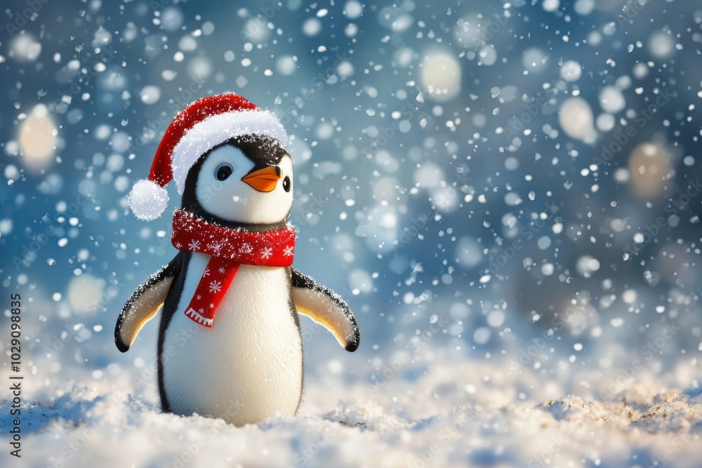 A cheerful penguin wearing a Santa hat and a red scarf stands in the snow, surrounded by falling snowflakes, evoking a festive winter atmosphere. A cheerful penguin wearing a Santa hat and a red scarf stands in the snow, surrounded by falling snowflakes, evoking a festive winter atmosphere.