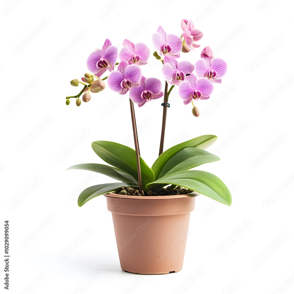 Pink Orchid Plant in Brown Pot Isolated on White Background Pink Orchid Plant in Brown Pot Isolated on White Background