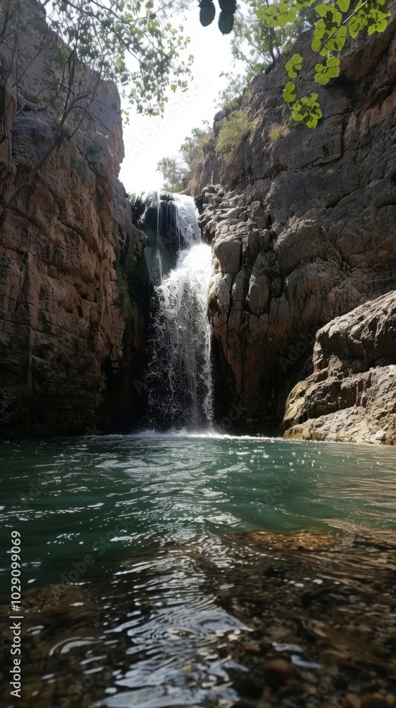 Naklejka premium Majestic waterfall cascading into a pool below, 4K hyperrealistic photo