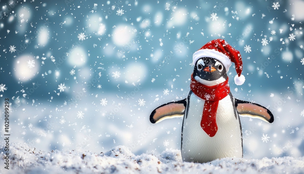 A cheerful penguin wearing a Santa hat and scarf stands in a snowy landscape, embodying a festive winter spirit. A cheerful penguin wearing a Santa hat and scarf stands in a snowy landscape, embodying a festive winter spirit.