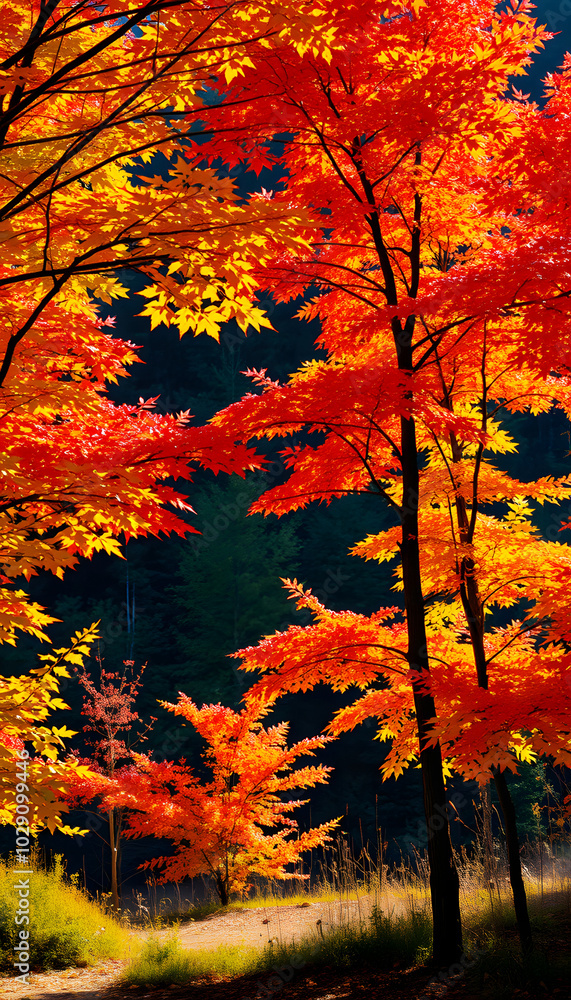 Colorful autumn red, yellow and green leaves on fall trees in countryside. Warm sunlight illuminating their vivid colors against a dark forest background isolated with white highlights, png Colorful autumn red, yellow and green leaves on fall trees in countryside. Warm sunlight illuminating their vivid colors against a dark forest background isolated with white highlights, png