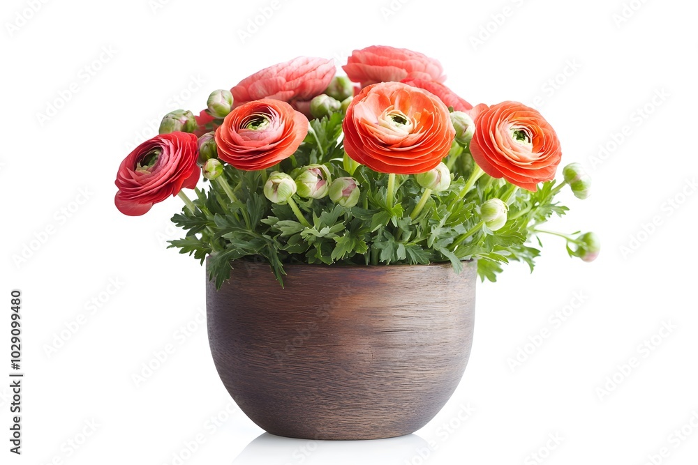 Obraz premium Orange Ranunculus Flowers in Wooden Pot Isolated on White Background