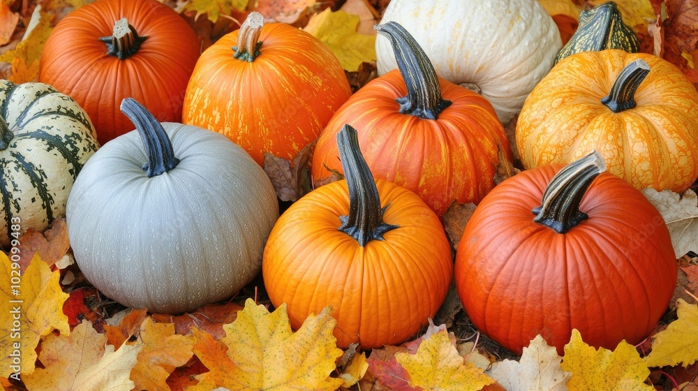 Autumn Harvest: Pumpkins and Leaves in a Colorful Display Autumn Harvest: Pumpkins and Leaves in a Colorful Display