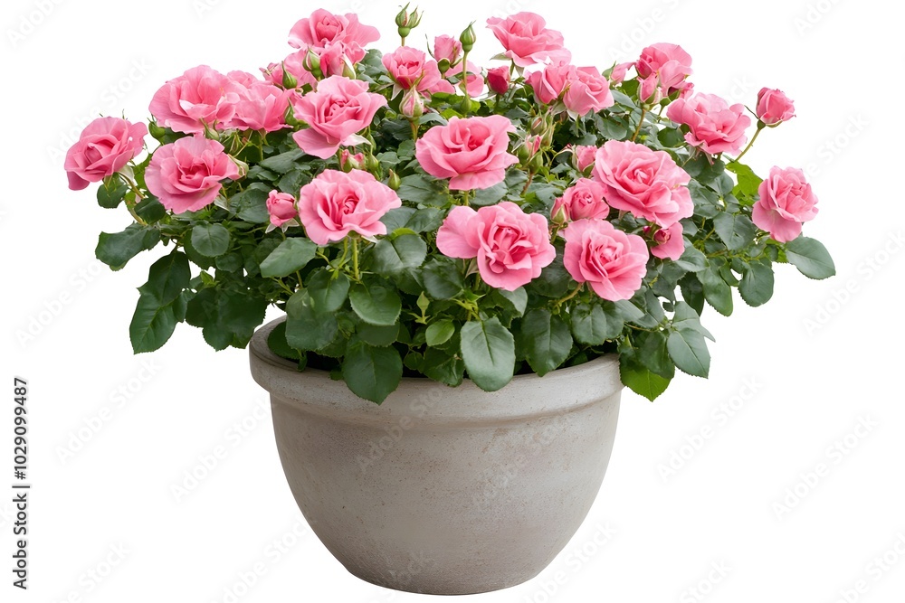 Pink Rose Bush in Potted Plant Isolated on White Background Pink Rose Bush in Potted Plant Isolated on White Background