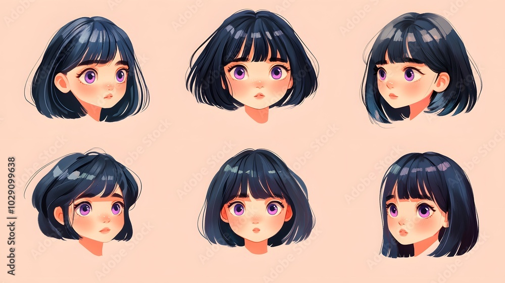 Cute Anime Girl with Blue Hair and Purple Eyes Illustration Cute Anime Girl with Blue Hair and Purple Eyes Illustration