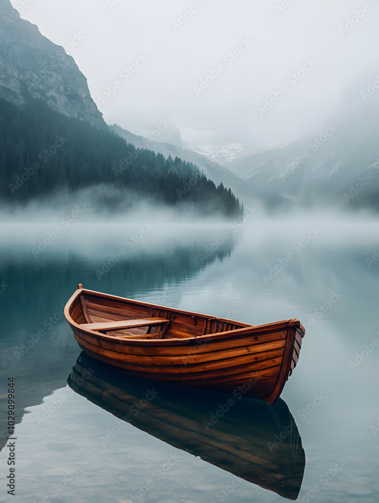 Tranquil Wooden Boat on a Foggy Lake Tranquil Wooden Boat on a Foggy Lake