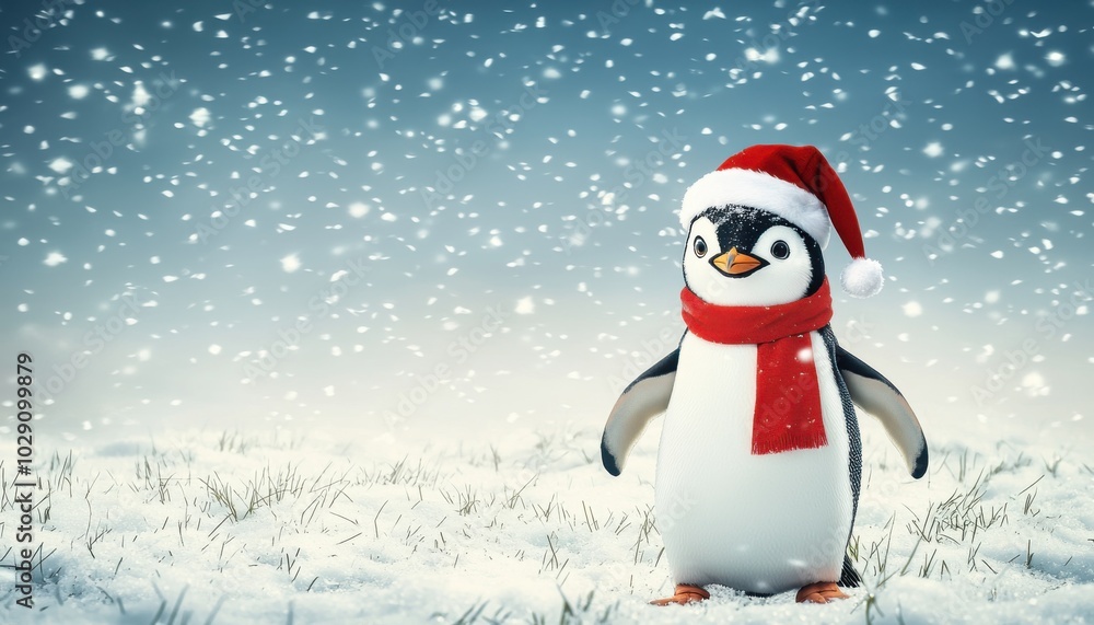 A cheerful penguin wearing a Santa hat and scarf stands in a snowy landscape, embodying a festive winter spirit. A cheerful penguin wearing a Santa hat and scarf stands in a snowy landscape, embodying a festive winter spirit.