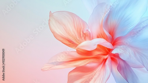 Close-up of a delicate pink flower with soft, pastel blue and pink background.