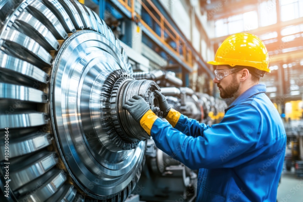 Engineer Working on Large Industrial Turbine in Factory Engineer Working on Large Industrial Turbine in Factory