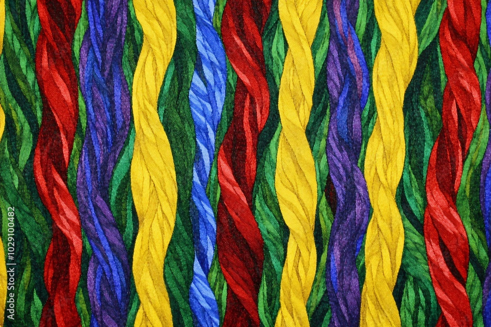 A colorful fabric with a pattern of green, red, and yellow stripes A colorful fabric with a pattern of green, red, and yellow stripes