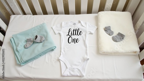 Adorable Little One onesie on changing table with baby blankets and socks photo