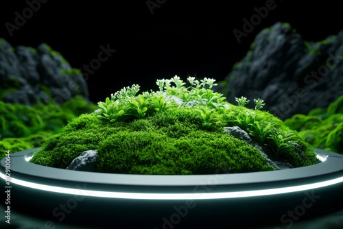 A futuristic alpine garden where Hutchinsia Alpina grows under artificial lights, with advanced technology ensuring that these delicate plants thrive in a controlled, futuristic ecosystem photo