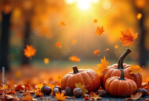 Pumpkins on red leaves at sunset. Still life photo