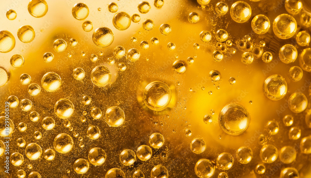 Macro shot of golden oil droplets. Smooth bubble texture. Facial serum for skincare. Macro shot of golden oil droplets. Smooth bubble texture. Facial serum for skincare.