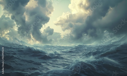 Fierce storm clouds over a turbulent ocean, 4K hyperrealistic photo.