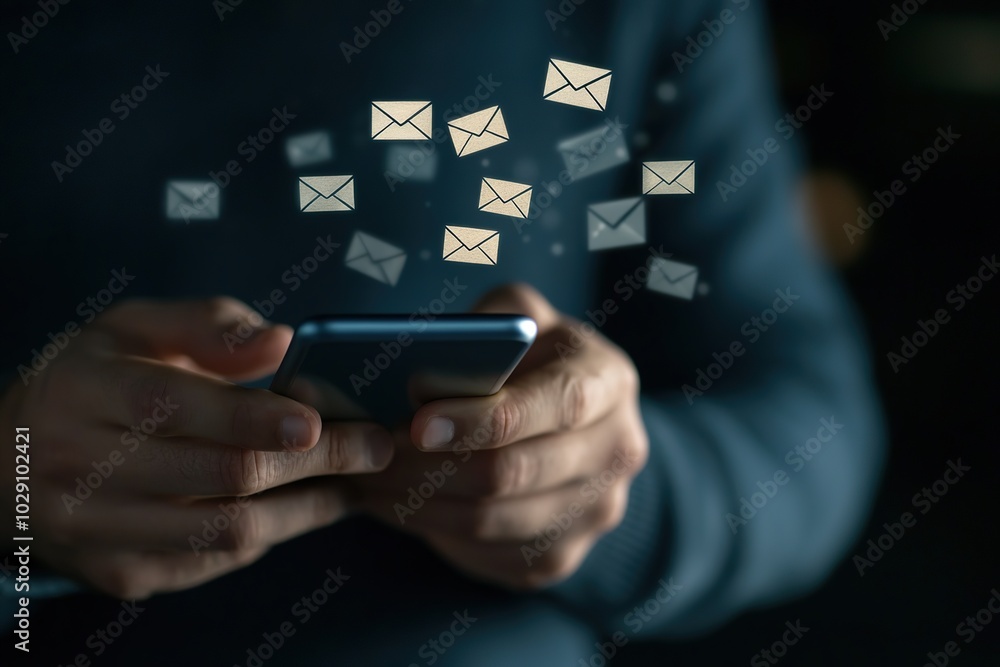 Businessman holds mobile phone with email icons flying out on dark background Businessman holds mobile phone with email icons flying out on dark background