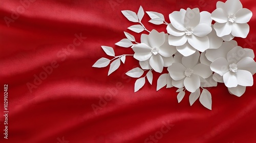 Carve of white paper flower and leaves on red fabric background, position with copy space.
 photo