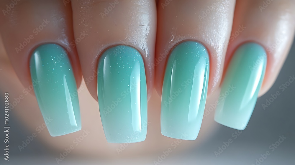 A close-up shot of nails with an ombre gradient transitioning from turquoise to soft mint green, glossy surface, seamless color blending, A close-up shot of nails with an ombre gradient transitioning from turquoise to soft mint green, glossy surface, seamless color blending,