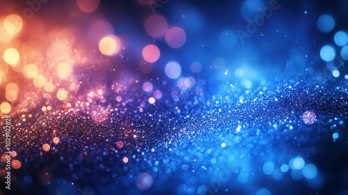 Luxurious glowing abstract background with bokeh light effects in vibrant blue and orange hues