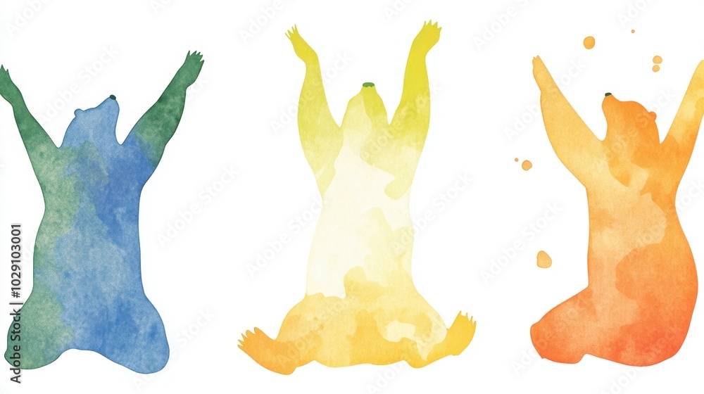 Fototapeta premium Watercolor Bear Silhouettes in Blue Yellow and Orange
