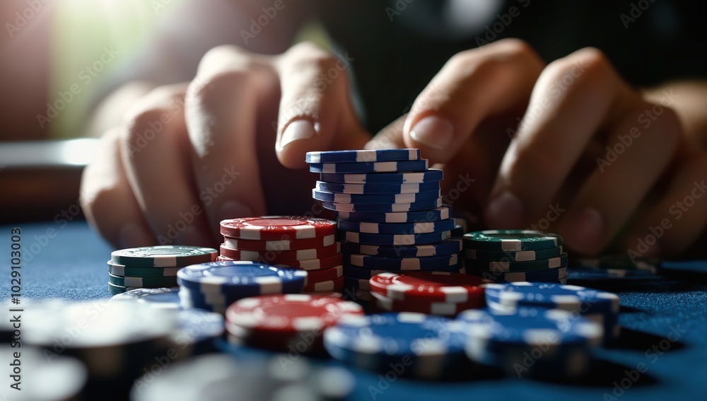 Hands hold colorful poker chips while stacking them on a casino table Hands hold colorful poker chips while stacking them on a casino table
