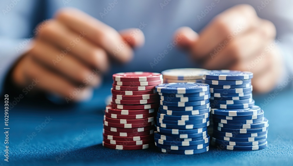 A poker player stacks their casino chips after securing a big win A poker player stacks their casino chips after securing a big win