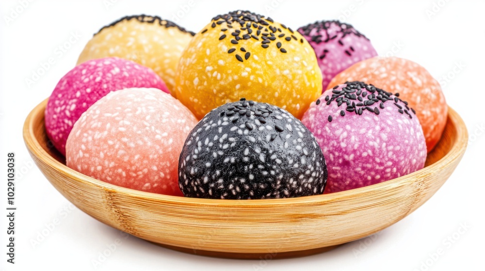 Chinese sweet dumplings (tangyuan) in colorful glutinous rice wrappers, filled with black sesame, isolated on white background Chinese sweet dumplings (tangyuan) in colorful glutinous rice wrappers, filled with black sesame, isolated on white background