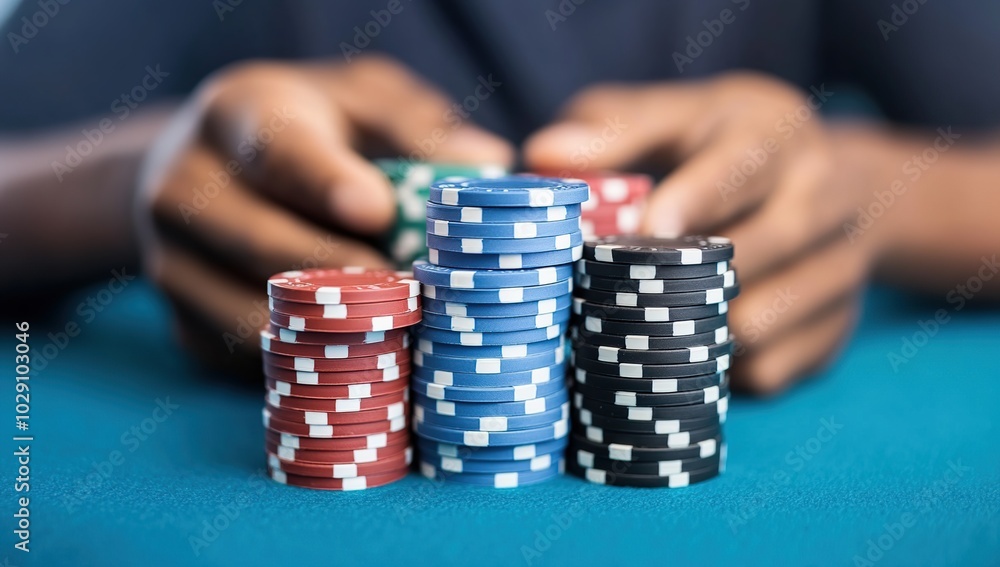 Winning poker chips are stacked by a person sitting at the table Winning poker chips are stacked by a person sitting at the table