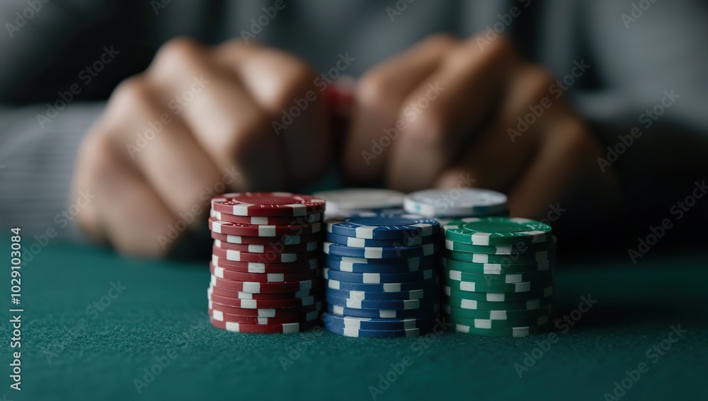 Winning poker chips are stacked by a person sitting at the table Winning poker chips are stacked by a person sitting at the table