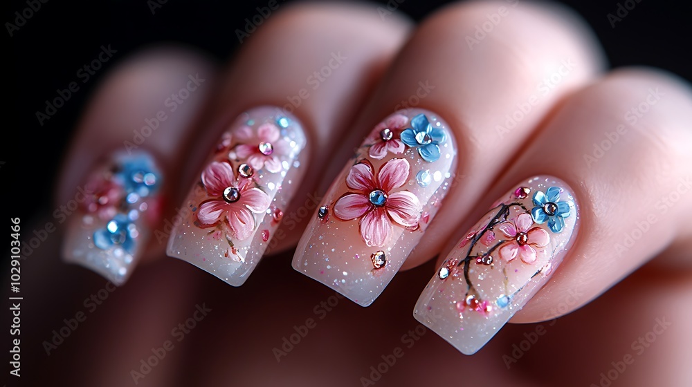 A close-up shot of nails with delicate hand-painted floral motifs in soft pastel shades of pink, blue, and lavender, adorned with tiny gemstones on the tips, A close-up shot of nails with delicate hand-painted floral motifs in soft pastel shades of pink, blue, and lavender, adorned with tiny gemstones on the tips,