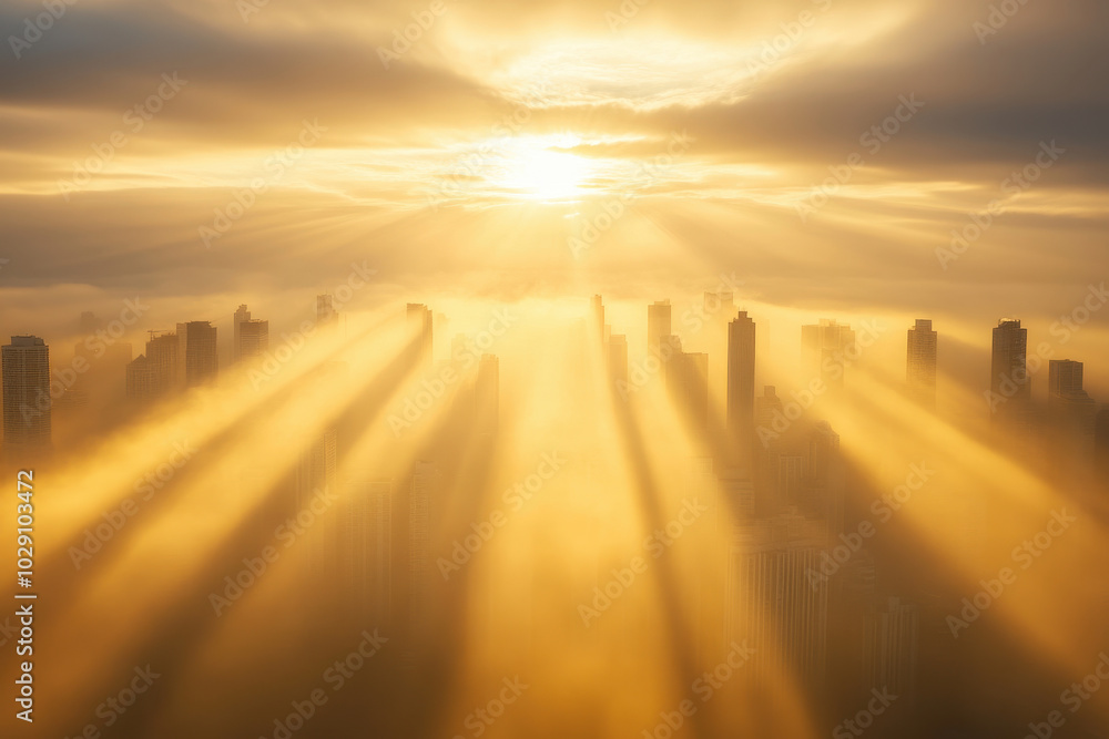 Obraz premium Majestic Sunrise over Foggy City Skyline with Golden Light Beams