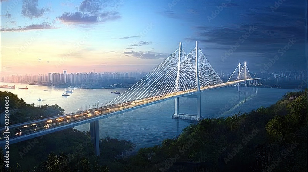 Fototapeta premium Modern Suspension Bridge Spanning a Cityscape
